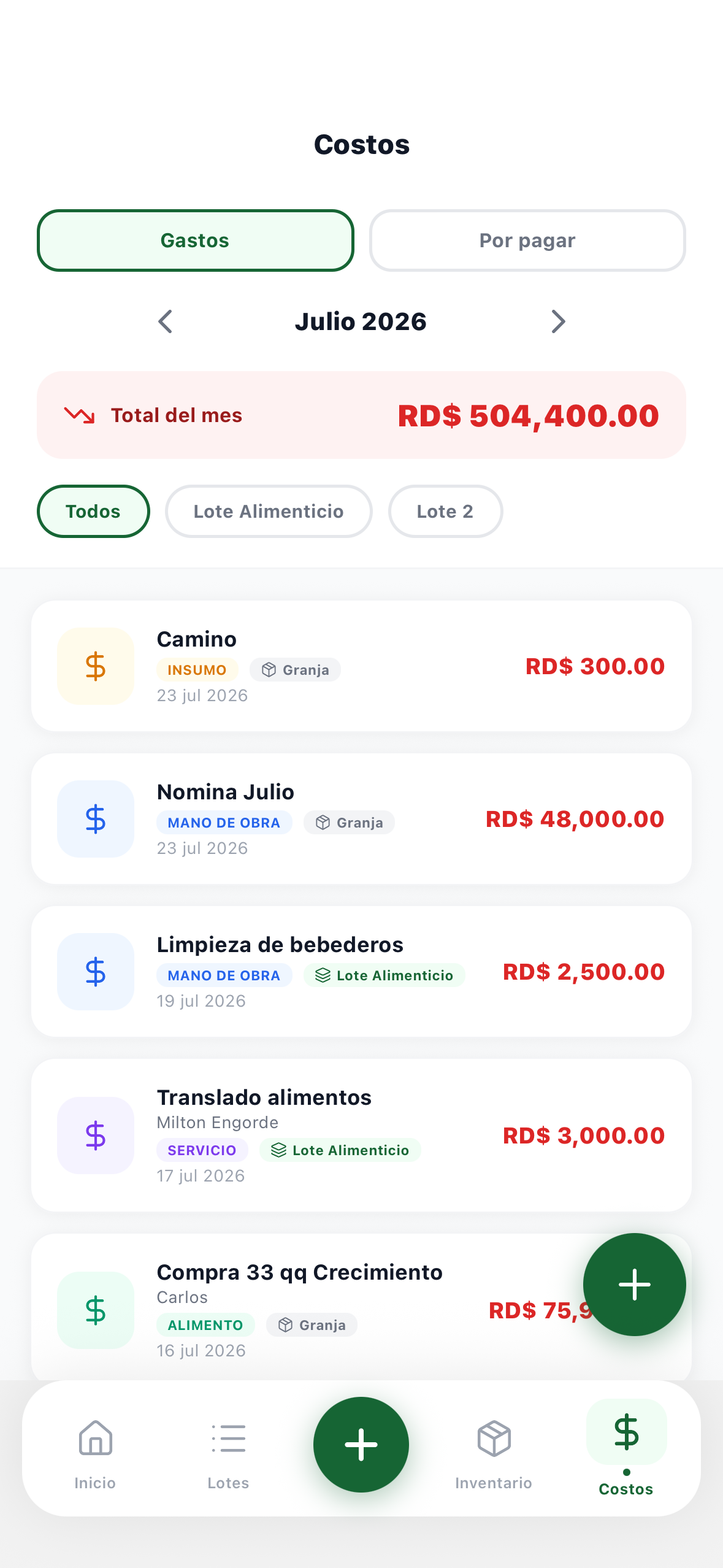 Registro de costos y gastos por lote en GranjaOS